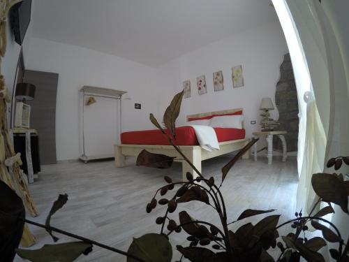 a bedroom with a bed and a plant in the foreground at B&B Les Chambres Rooms & Suite in Santa Teresa Gallura