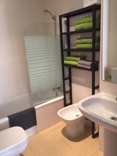 a bathroom with a toilet and a sink and a shower at Terrazas de la torre 432 in Roldán