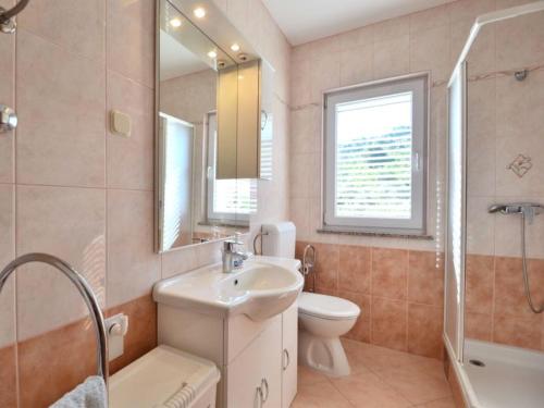 bagno con lavandino, servizi igienici e specchio di Apartments Milin a Božava
