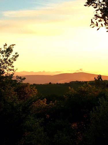 a sunset over the mountains with trees in the foreground at Dimora nel Chianti in San Sano