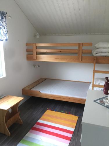 Pokój z 2 łóżkami piętrowymi i dywanem w obiekcie Seaview Cottage Solvik - Kungshamn w mieście Kungshamn