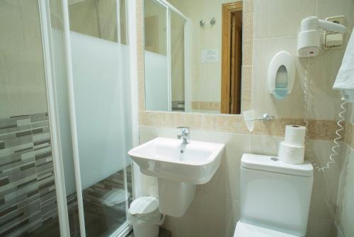 y baño con aseo, lavabo y ducha. en Hostal Bianco, en Madrid