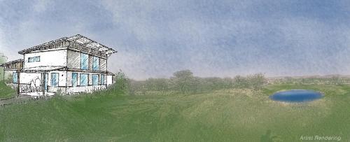 a painting of a house in a field with a lake at Cheetah View Lodge in Otjiwarongo