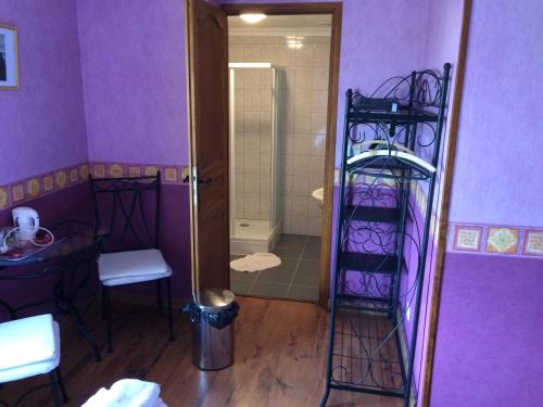 ein Badezimmer mit lila Wänden und einer ebenerdigen Dusche in der Unterkunft El Rancho Criollo in Maubert-Fontaine
