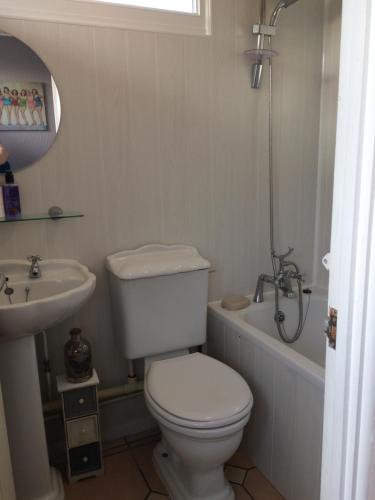 a white bathroom with a toilet and a sink at Coastal Cabin Chalet in Roch