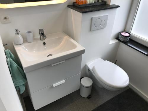 a bathroom with a white sink and a toilet at Le Coin Cocoon Inn in Aywaille