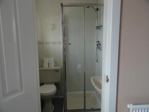 a bathroom with a shower and a toilet and a sink at The Beechfield Hotel in Blackpool