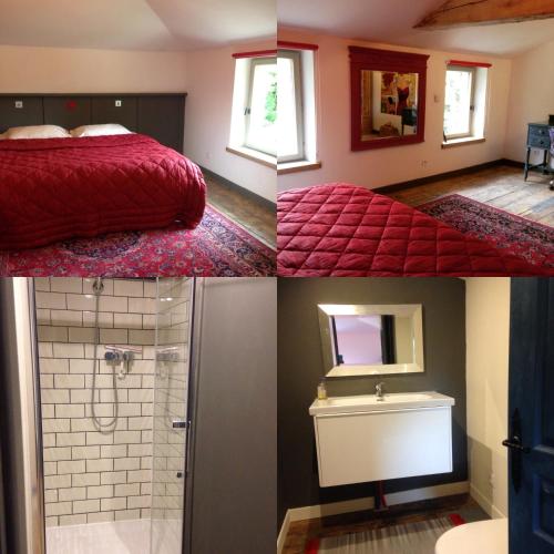 three different pictures of a bathroom with a bed and a shower at La Rive Chambre d hôtes The Riverside Retreat in Jarnac