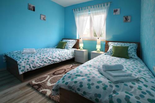 a blue bedroom with two beds and a window at Apartment Valmas in Pula