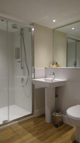 a bathroom with a sink and a shower and a toilet at The Colesbourne Inn in Colesbourne