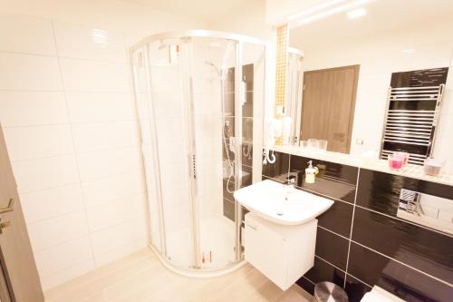 a bathroom with a shower and a sink at Villa Royal in Prague