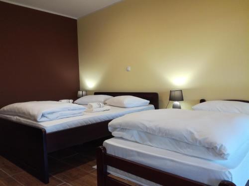 two beds in a room with white sheets and pillows at Salaš Farma 47-Miris Dunja in Čenej