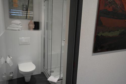 a bathroom with a toilet and a glass shower at Pension Leichtfried in Amstetten