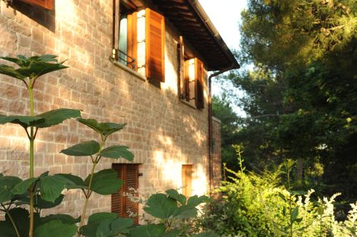 ein Backsteinhaus mit einer Pflanze davor in der Unterkunft Ostello Fontemaggio in Assisi