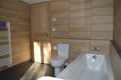 a bathroom with a toilet and a bath tub at Aux Volets Bleus Chez Mark & Sylvie in Rouffignac Saint-Cernin