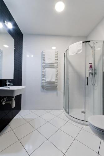 a bathroom with a shower and a sink at Nova Stodola in Kłomnice