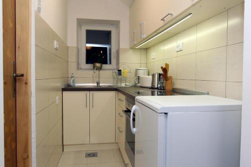 uma pequena cozinha com um lavatório e uma máquina de lavar louça em Blue Box Apartment em Belgrado