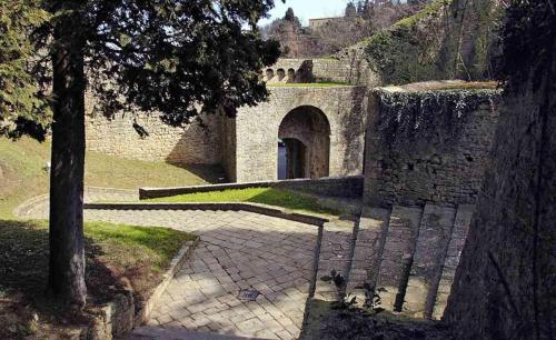 a stone building with a door and a tree at Appartamento Matteotti in Volterra