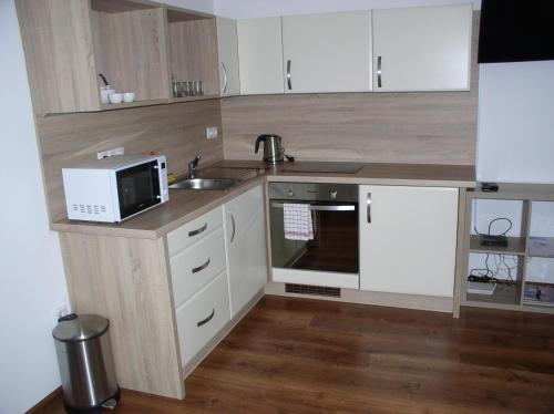 a kitchen with a sink and a microwave at Apartmán Cyril A 104 in Smokovce
