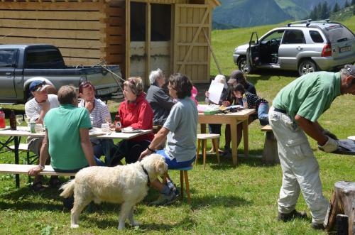 a group of people sitting at picnic tables with a dog at Villa Natur in Schröcken