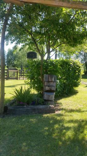 a park bench sitting in the grass under a tree at Lazy Days in Debrecen
