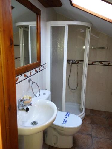 a bathroom with a sink and a toilet and a shower at Hotel Rural La Piedra in Arija