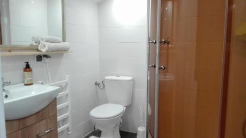 a white bathroom with a toilet and a sink at Swieże Poddasze u Przybyszów in Andruszkowice