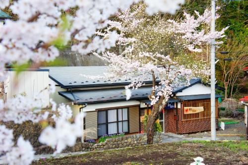 a house withakura trees in front of it at Yoshimura Kajihara-Tei in Fujikawaguchiko