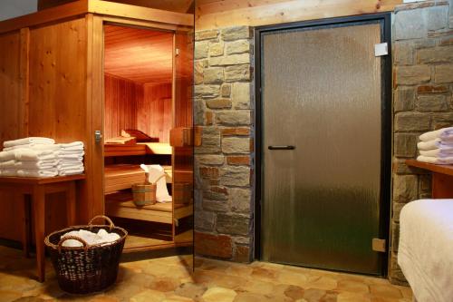 a bathroom with a walk in shower in a room at Alpenhotel Seiler in Kühtai