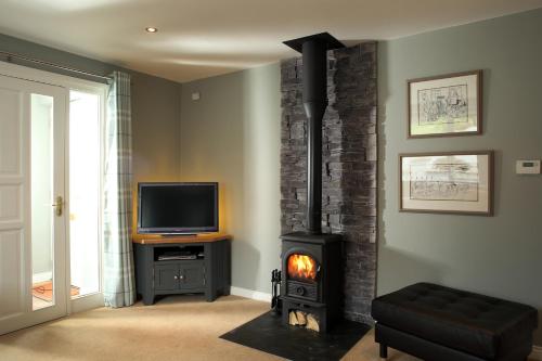 a living room with a fireplace and a television at Coach Road Cottages in Comber