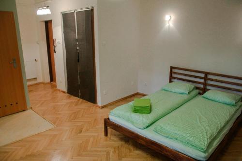 ポズナンにあるApartamenty Stary Rynek Paderewskiegoのベッドルーム1室(緑の枕が付いたベッド1台付)