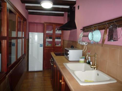 a kitchen with a sink and a white refrigerator at Casa rural L'Hospital in Vistabella del Maestrazgo