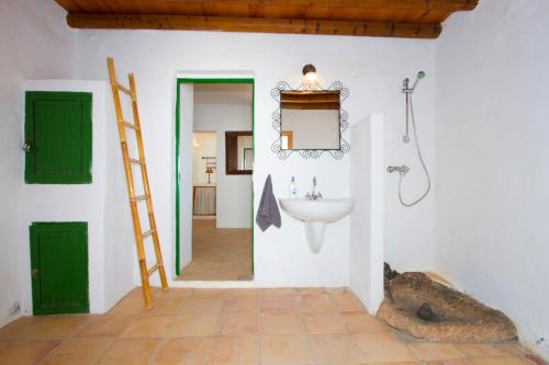 a bathroom with a sink and a ladder and green doors at Finca La Hoya in Yaiza
