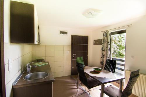 a small kitchen with a sink and a table at Apartments Cortina in Zlatibor