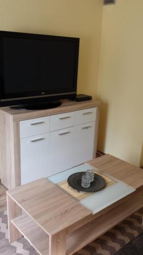 a living room with a tv and a coffee table at Borowiak in Szteklin