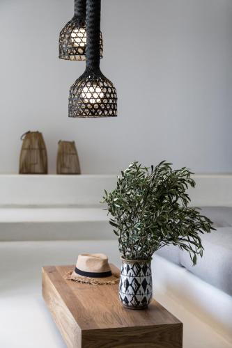 a plant in a vase on a wooden table at My Mykonos Hotel in Mýkonos City