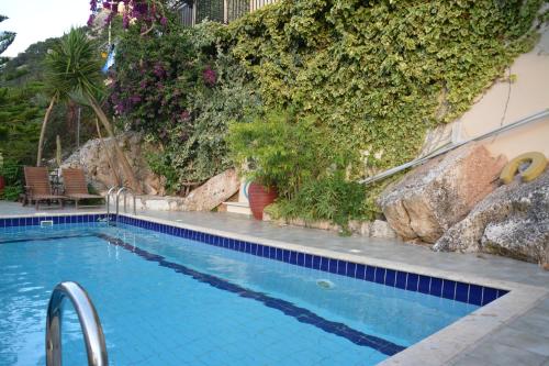 a swimming pool with a wall of plants at Aristotelis Apartments in Frikes