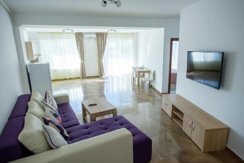 a living room with a couch and a tv at C&Y Apartments Aqua Park in Mamaia
