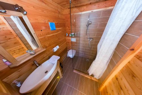 baño con bañera y ducha en una cabaña de madera en Glamping Savinja, en Ljubno