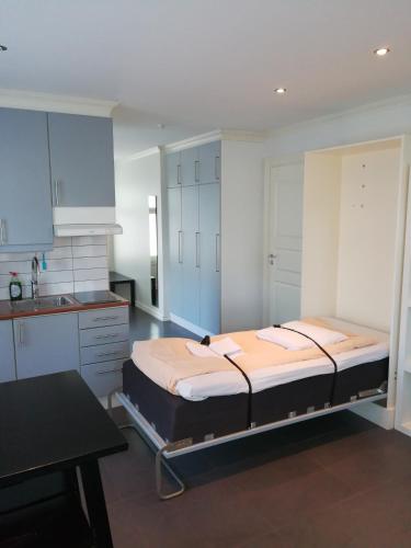 a kitchen with a large bed in a room at Esplanad Apartment in Mariehamn