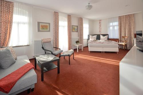 uma sala de estar com um sofá e uma cama em Dampfschiffhotel em Stadt Wehlen