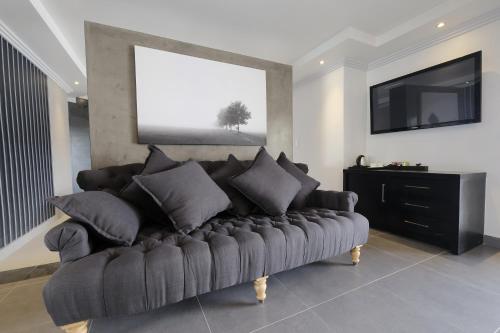 a living room with a couch and a television at Villa Moyal in Johannesburg