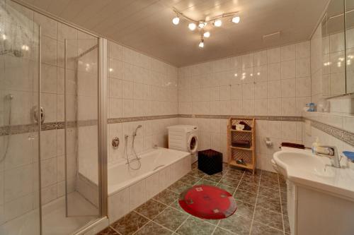 ノイシェーナウにあるFerienwohnung Boxleitnerのバスルーム(バスタブ、シャワー、シンク付)