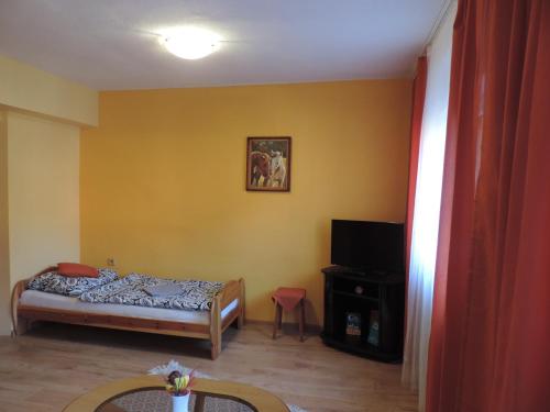 a bedroom with a bed and a tv in a room at Western Penzion in Ružomberok