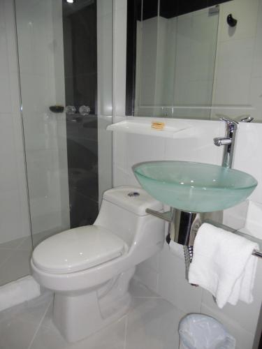 a bathroom with a toilet and a glass sink at Hotel Expo Inn Embajada in Bogotá