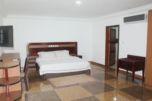 a bedroom with a bed and a tv and a chair at Hotel Novela Star in Lomé