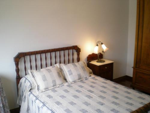 a bed with two pillows and a lamp on a table at Apartamento Alegria in Santiago de Compostela