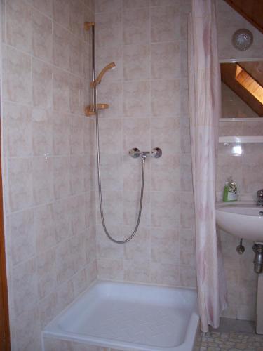 a bathroom with a shower and a tub and a sink at Haus Martha in Balatonudvari