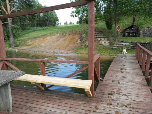 a bench sitting on a wooden bridge over a river at Likimo ratas in Paliepis