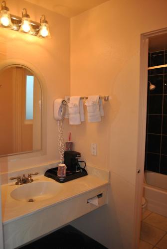 a bathroom with a sink and a mirror at Budget Inn in San Luis Obispo